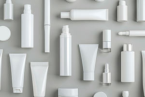Blank cosmetic containers on grey background, a Photo by AlyaAnd