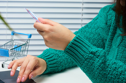 woman in a green sweater makes purchases online with a laptop, a, a Person Photo by ndanko