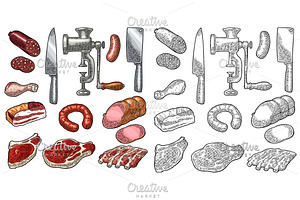 Set Meat Products And Kitchen Equipment. Vintage Black Vector Engraving