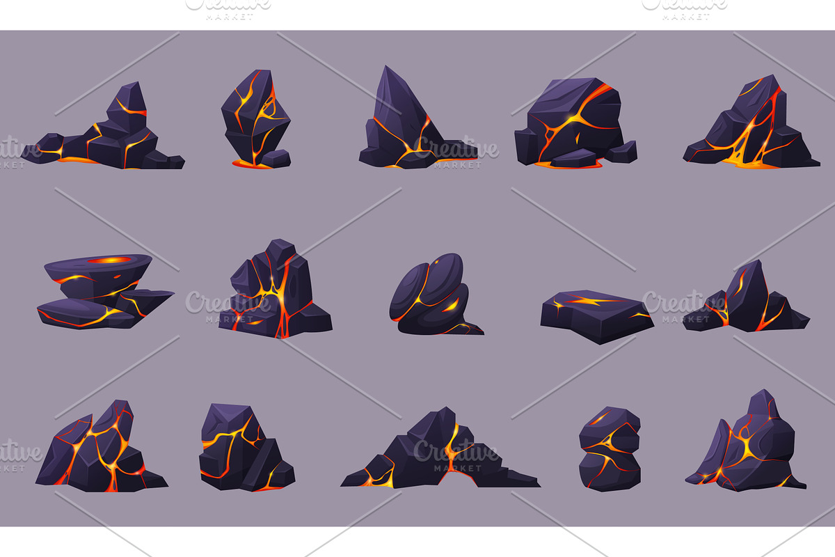 Lava rocks. Dark broken stones with, an Illustration by LadadikArt