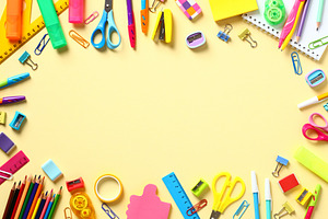 Back to school concept. Frame made of colorful school supplies on yellow backgr, a School & Education Photo by photoguns