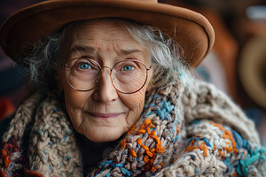 Smiling elderly woman with gray hair, wearing glasses and a colorful knitted sc, a Person Photo by ImageMir