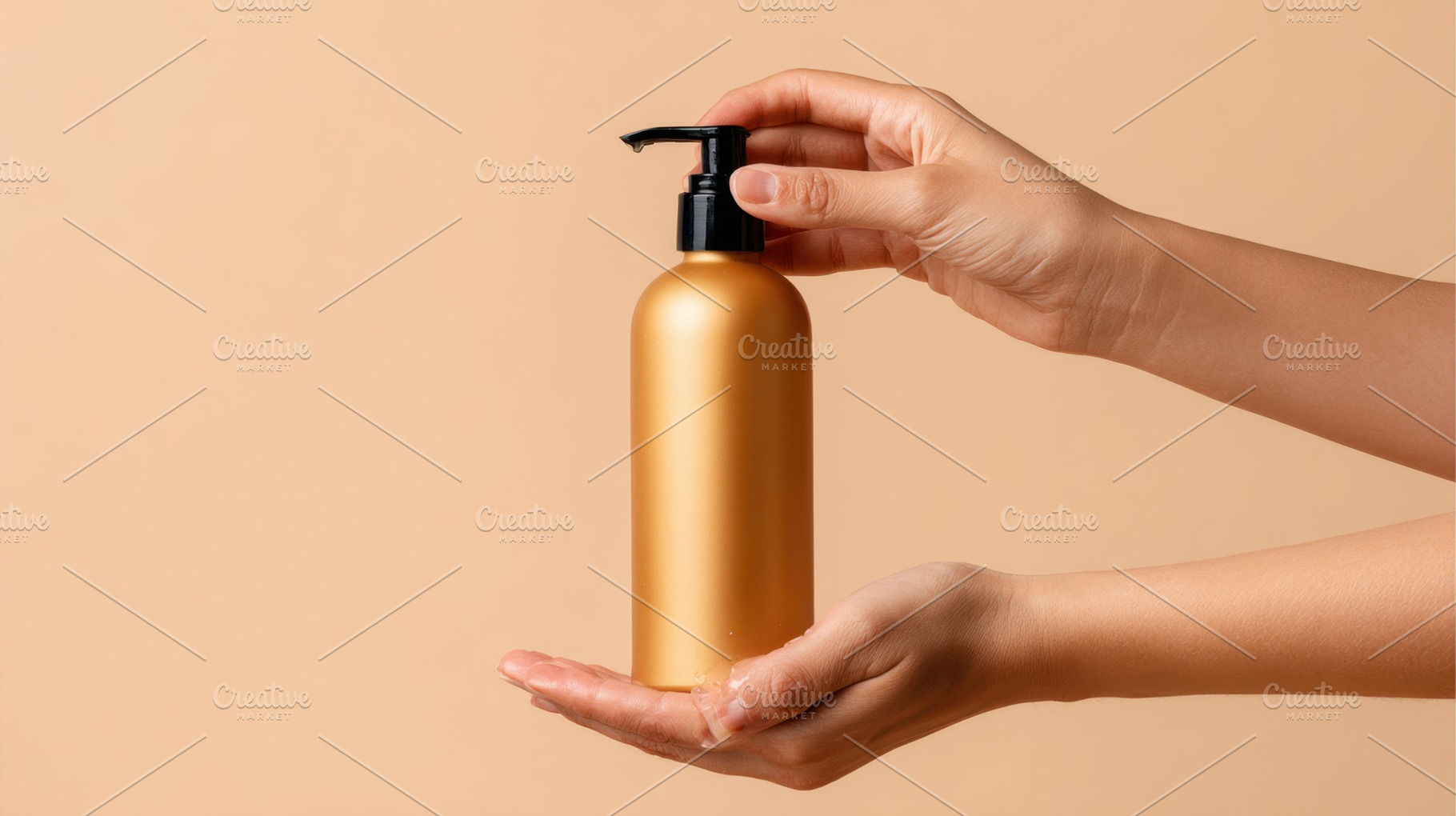 Hands with a gold lotion bottle, a Photo by Beautiful things