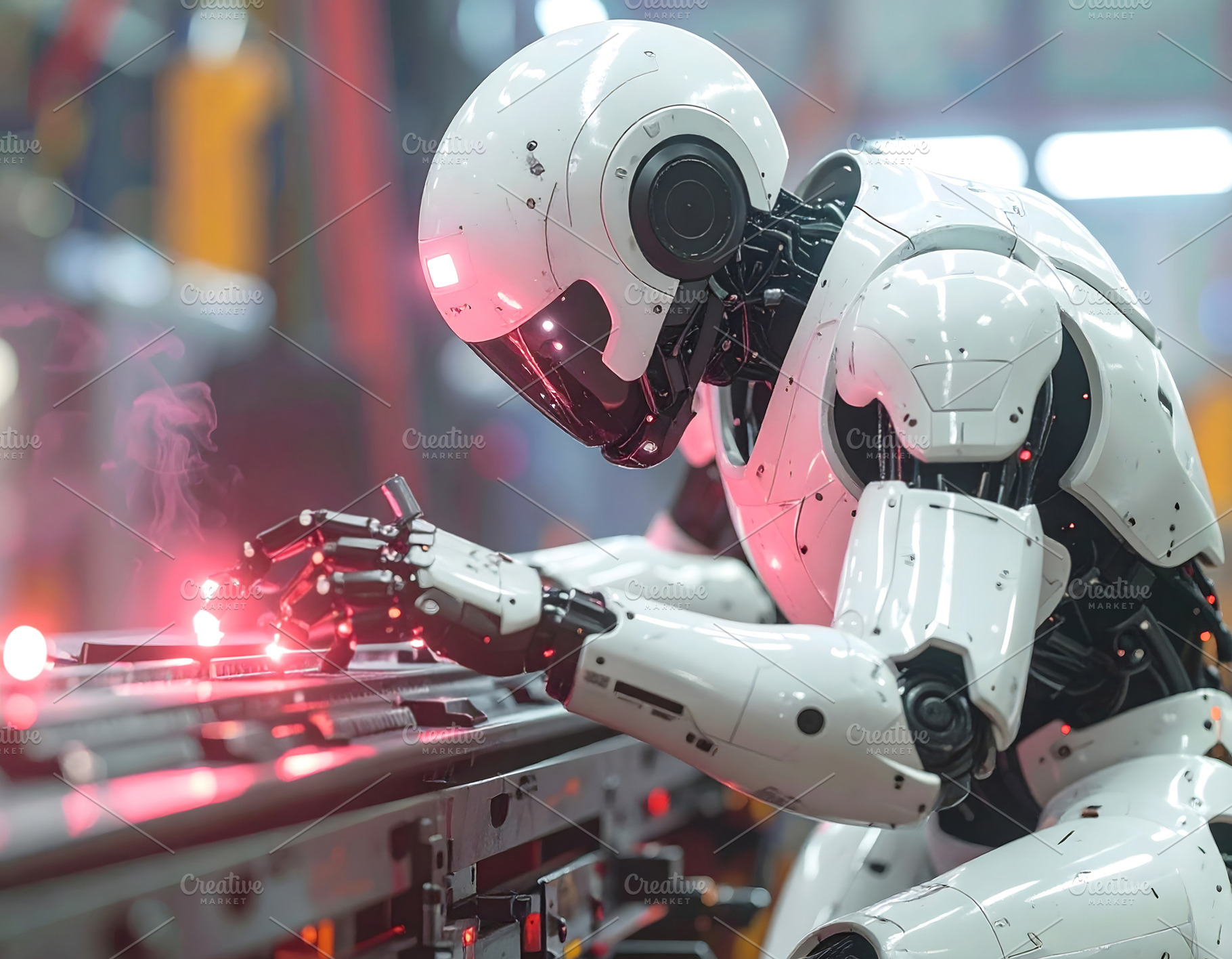 Robot technician performing welding with precision on metal fram, an Industrial Photo by GoodGoods