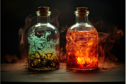 Enchanted bottles with colored smoke, a Background Photo by Ylivdesign