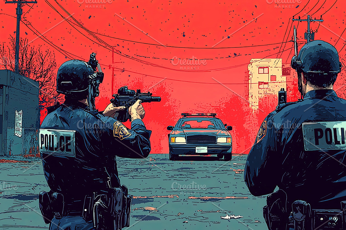 Police officers aiming at a suspect in a dramatic urban environment, an Illustration by AS photostudio
