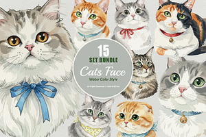15 Bundle Watercolor Cats Face Flufy, an Animal Illustration by Morspective