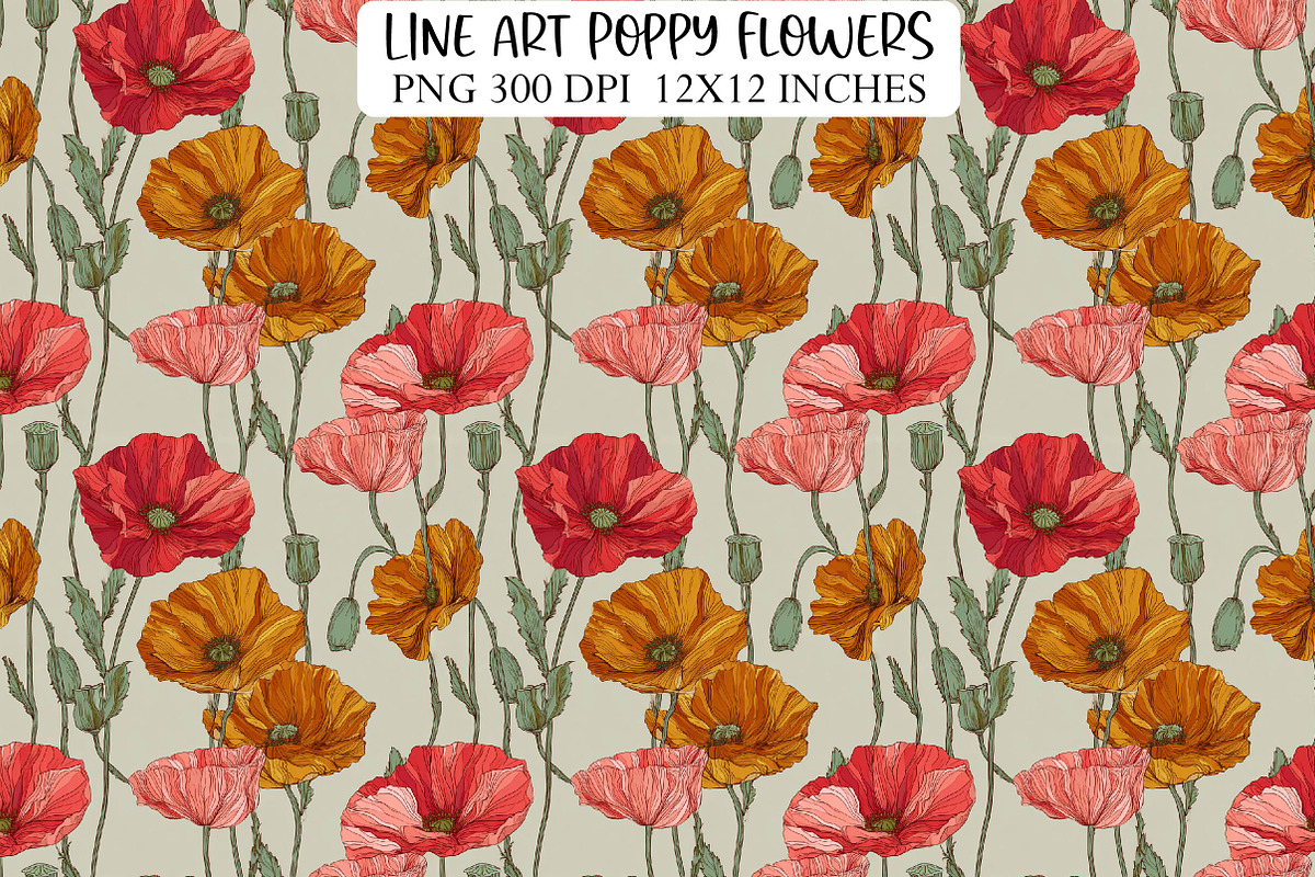 Line Art Poppy Flowers Patterns, a Texture Illustration by DreamPrint404 (Photo 1 of 3)