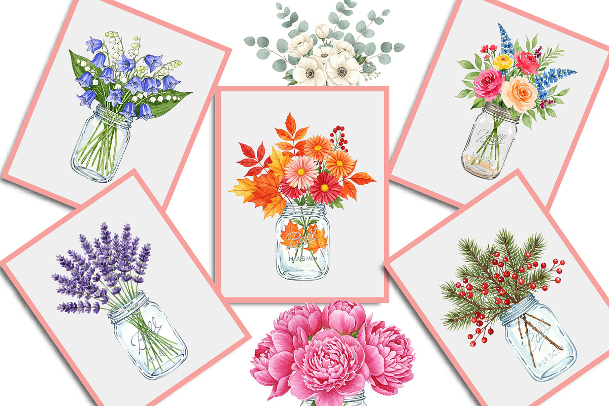 Watercolor Mason Jar Flowers Set, an Illustration by Creative Art (Photo 9 of 9)
