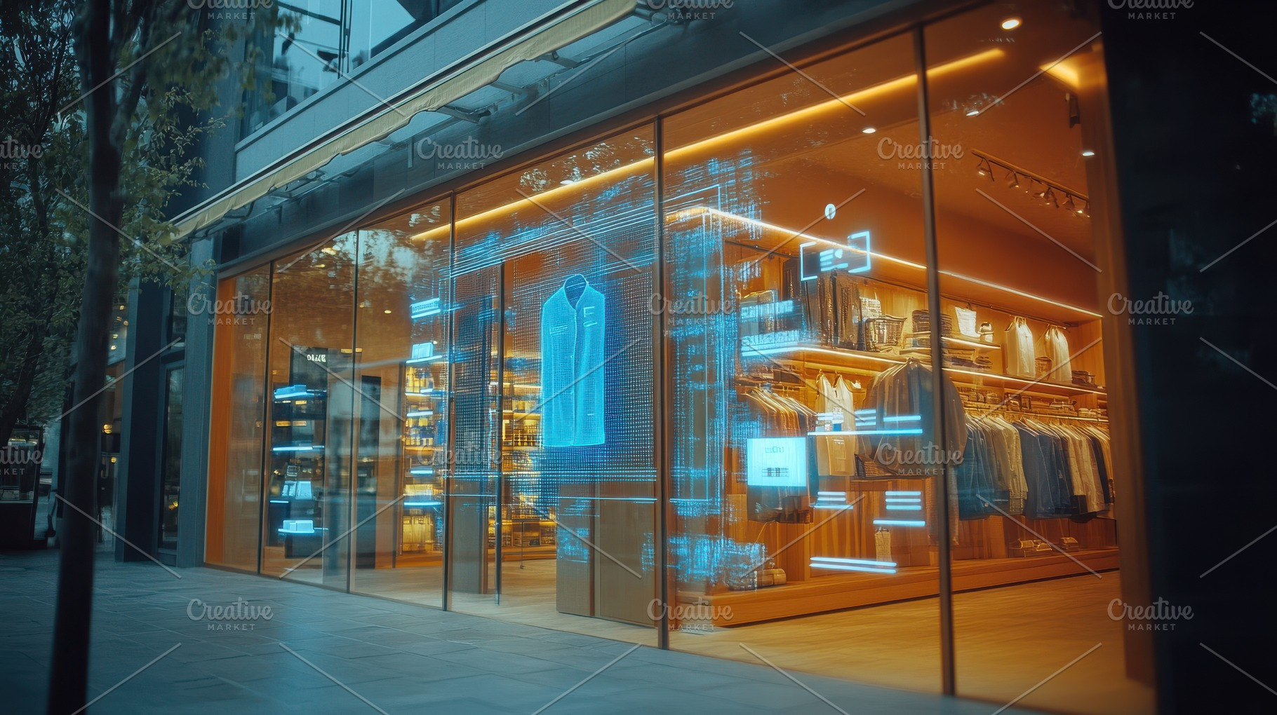Modern retail store with holographic, a Background Photo by Pixeness