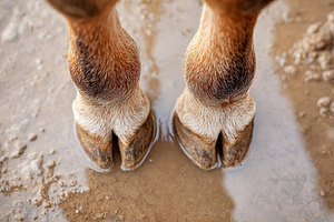 Close-up view of horse hooves in muddy ground during a sunny day, an Animal Photo by AlyaAnd