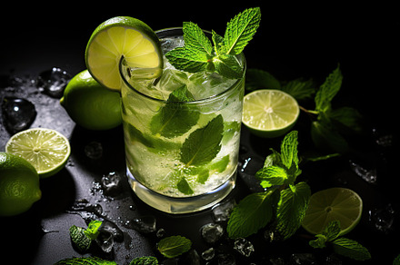 Alcoholic mojito with ice and mint on black background, a Food & Drink Photo by AlyaAnd