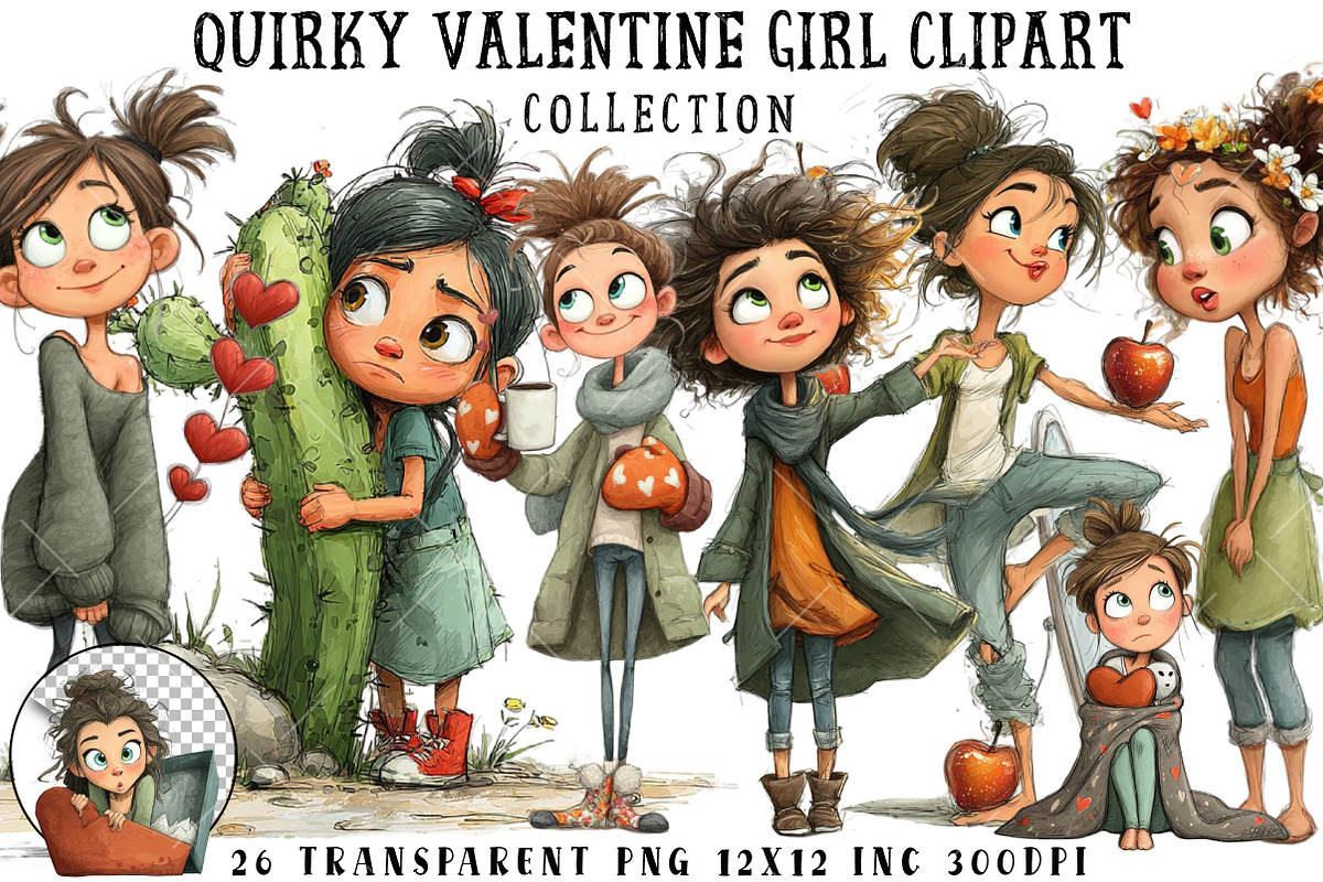 Quirky Valentine Girl Clipart, an Illustration by OK Design (Photo 1 of 6)
