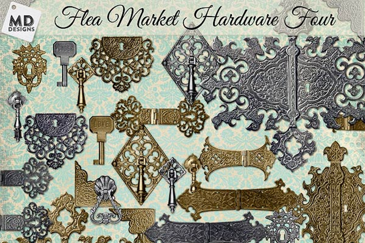 Gold and Silver Metal Hinges & Keys, an Object Graphic by Vintage Style Designs