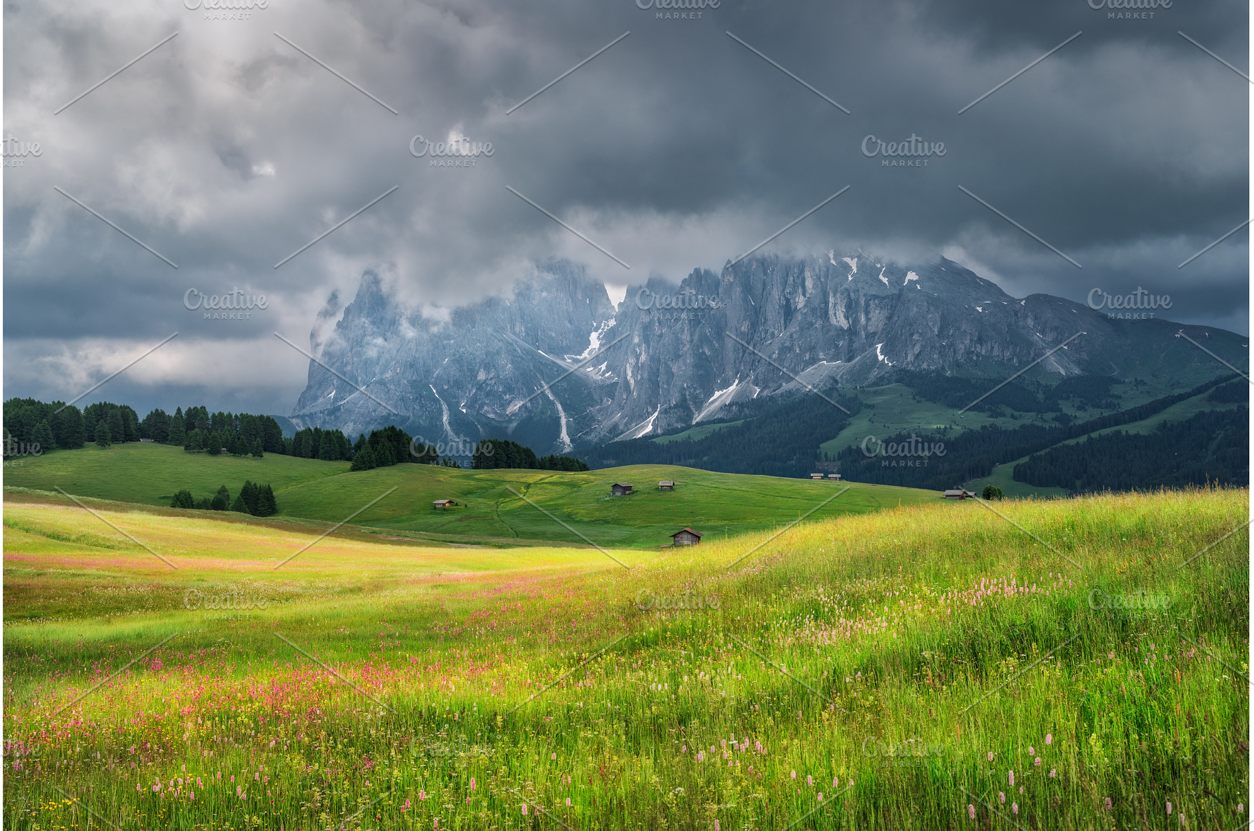 Dramatic sky over Alpe di Siusi with, a Nature Photo by den-belitsky