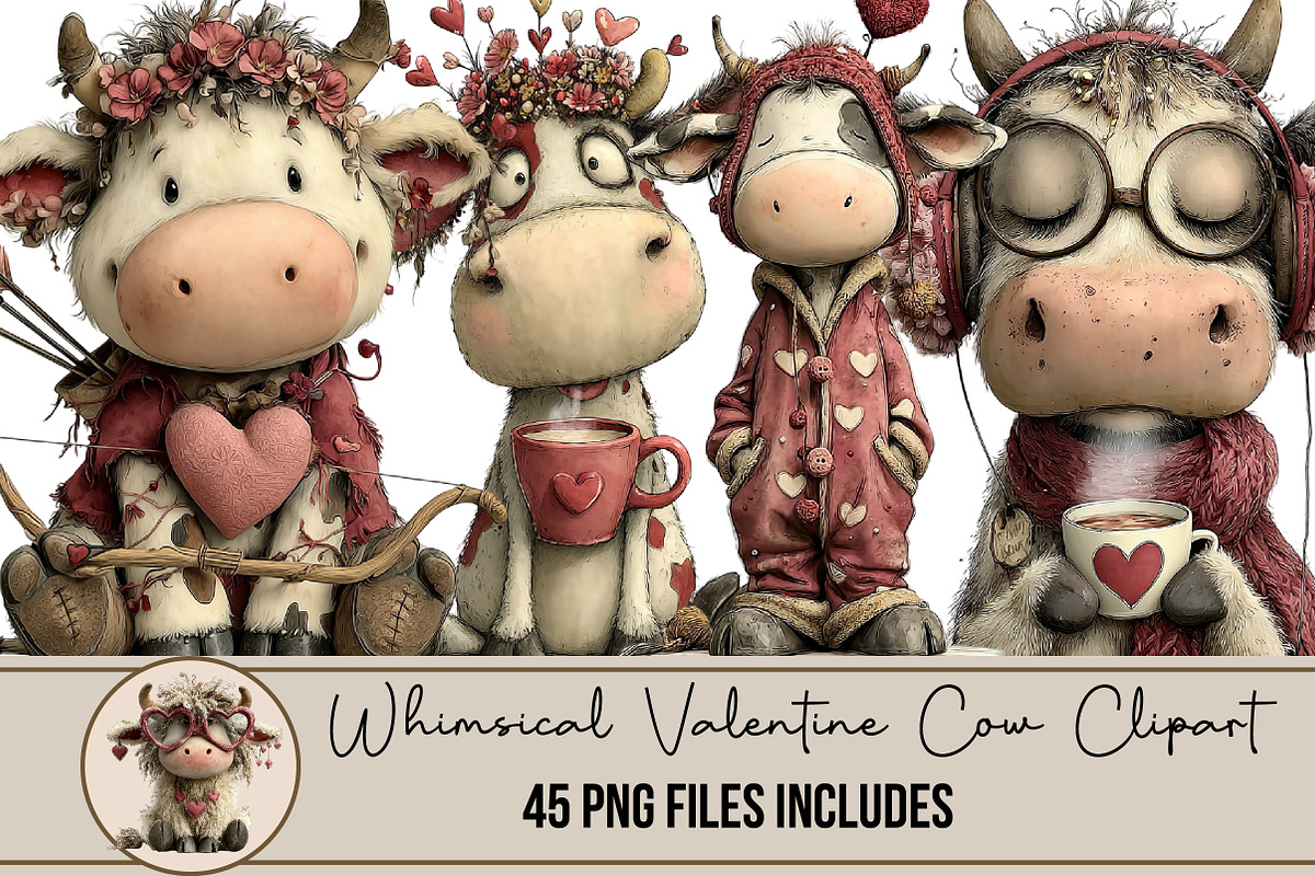 Whimsical Valentine Cow Clipart, an Illustration by DreamArtGraphic (Photo 1 of 5)