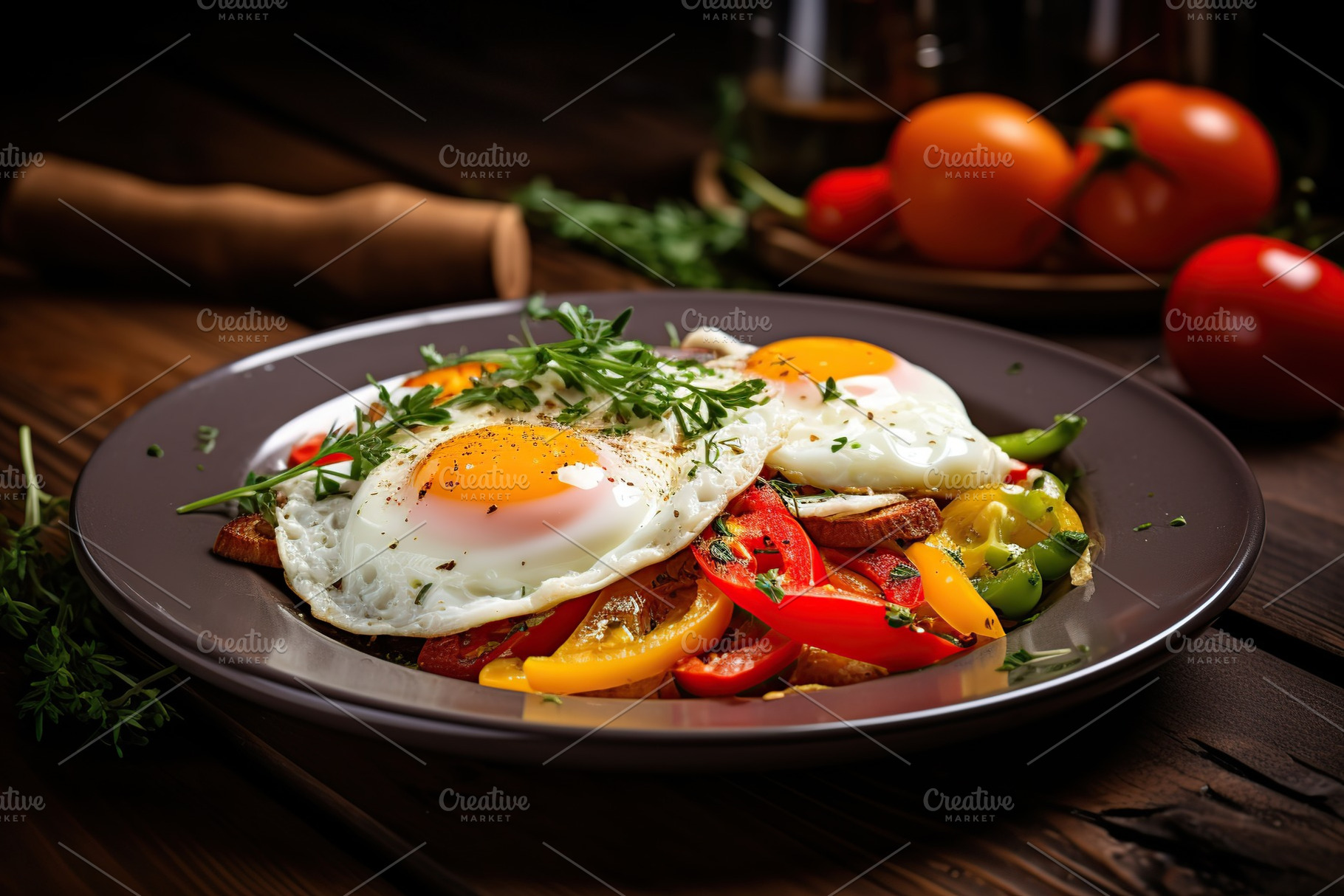 Fried eggs with vegetables and herbs in plate on wooden background, a Food & Drink Photo by AlyaAnd