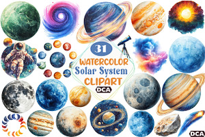 Watercolor Solar System Clipart, an Illustration by DreamCafeArt
