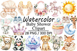 Watercolor Baby Shower Clipart, an Illustration by Design Market