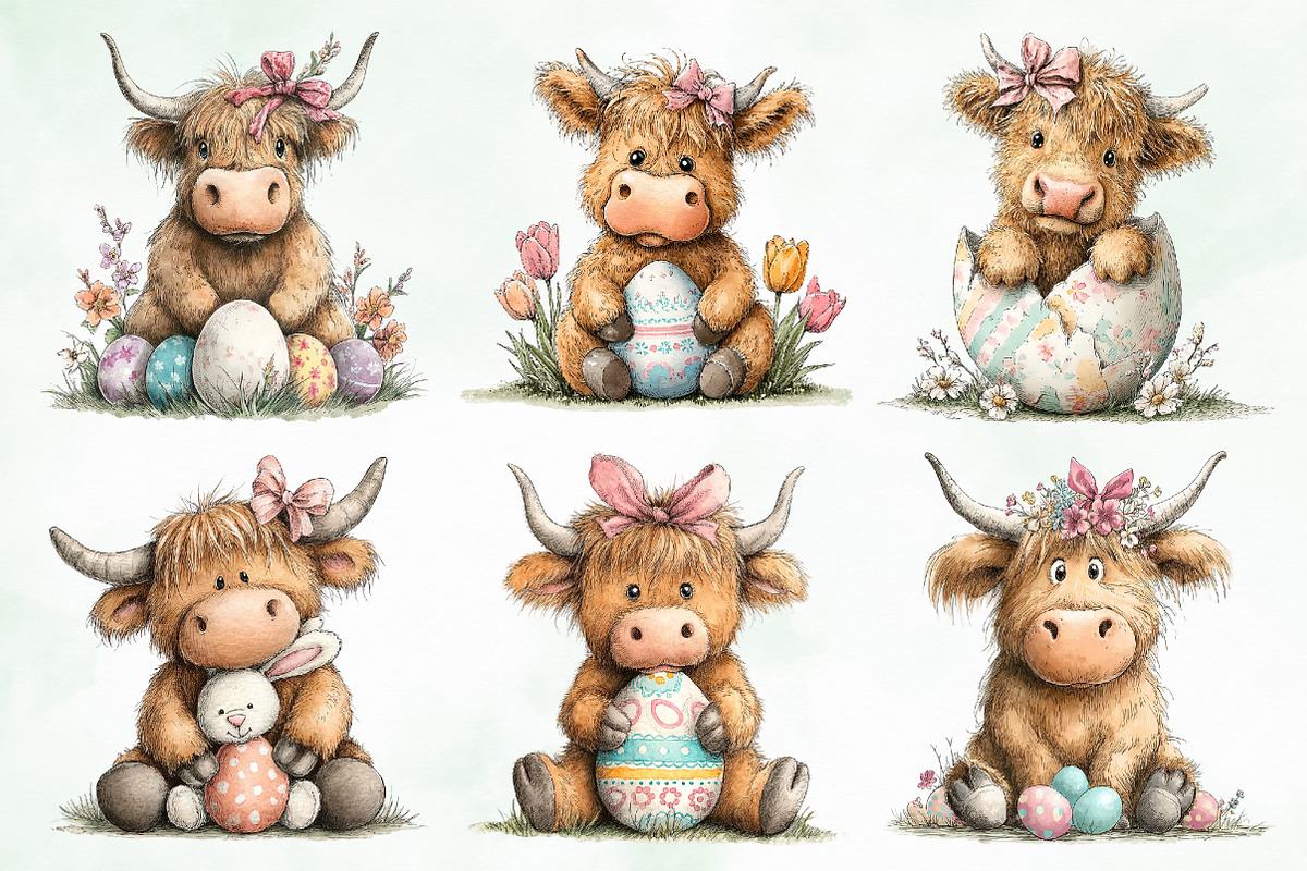 Whimsical Easter Highland Cow Clipar, an Illustration by Creative Art (Photo 7 of 8)