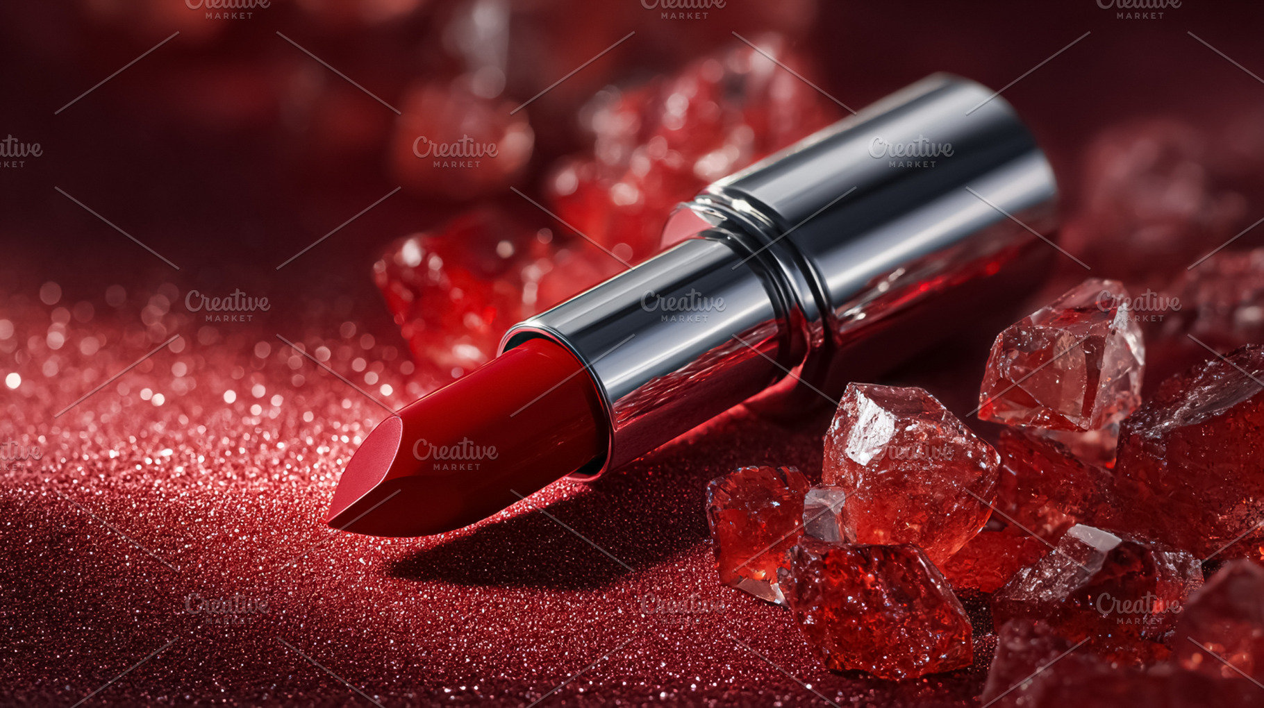 Red lipstick with silver tube shining on glitter background, sur, a Photo by Studio ANNA