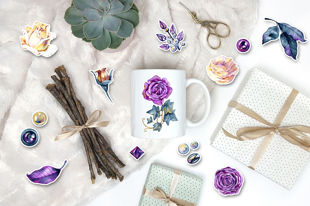 Watercolor violet roses and gems, a Decorative Illustration by NataliMiasStore (Photo 5 of 5)