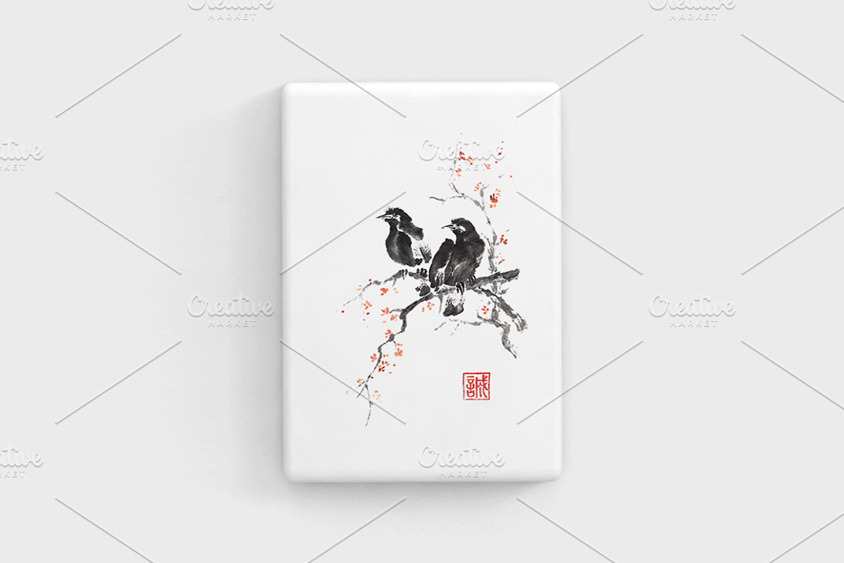 Two crows sumi-e painting, a Background Graphic by Quetzal Art (Photo 4 of 4)