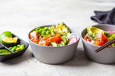 Poke bowl with salmon rice avocado featuring ahi, asian, and avocado, a Food & Drink Photo by vaaseenaa