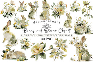 Bunny and Blooms Watercolor Clipart, an Illustration by DreamCafeArt