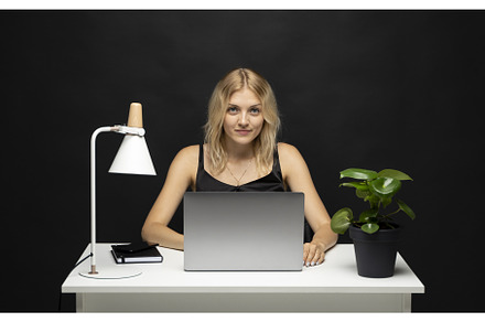 Cheerful business lady working on, a Person Photo by volodymyrshtun13795