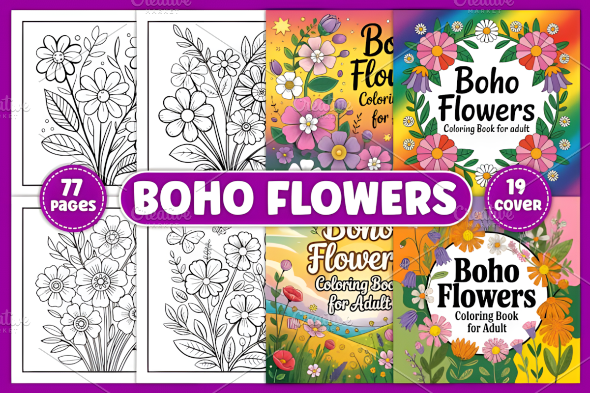 Boho Flowers Coloring Pages, a Decorative Illustration by Design Station (Photo 1 of 5)