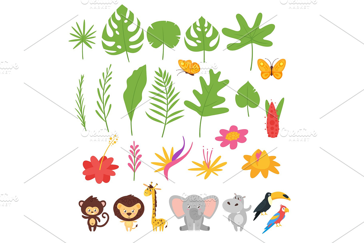 Jungle leaves, flowers and animals, an Animal Illustration by Cartoon time!