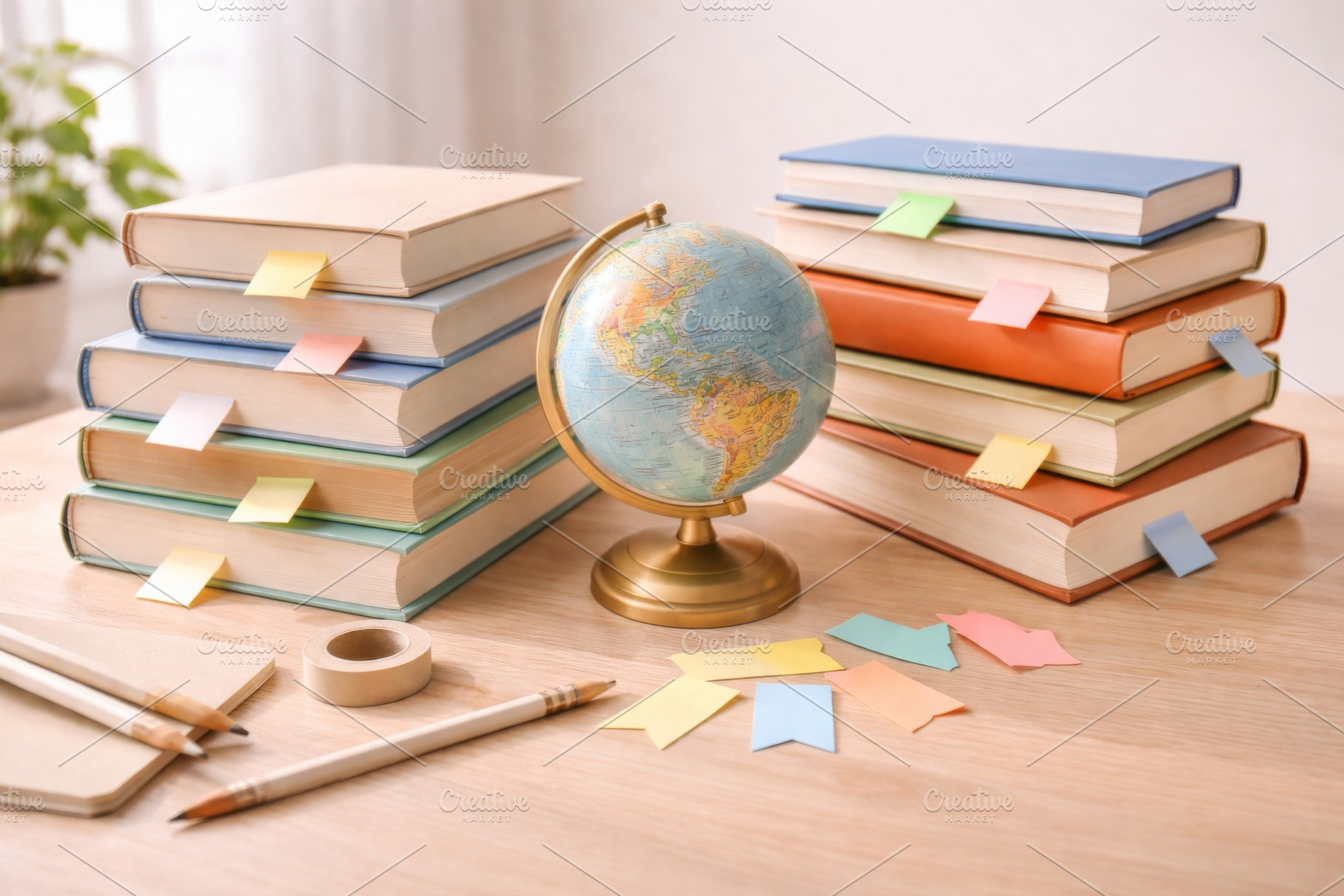Stack of colorful books with bookmar, a Photo by Dvoevnore photos