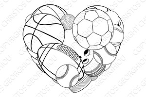 Sports Lover Fan Cartoon Heart Balls, a Sport Illustration by Christos Georghiou