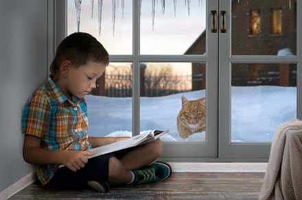 Boy reading a book. Winter outside, snow and icicles. The stray cat looks through a window in the house