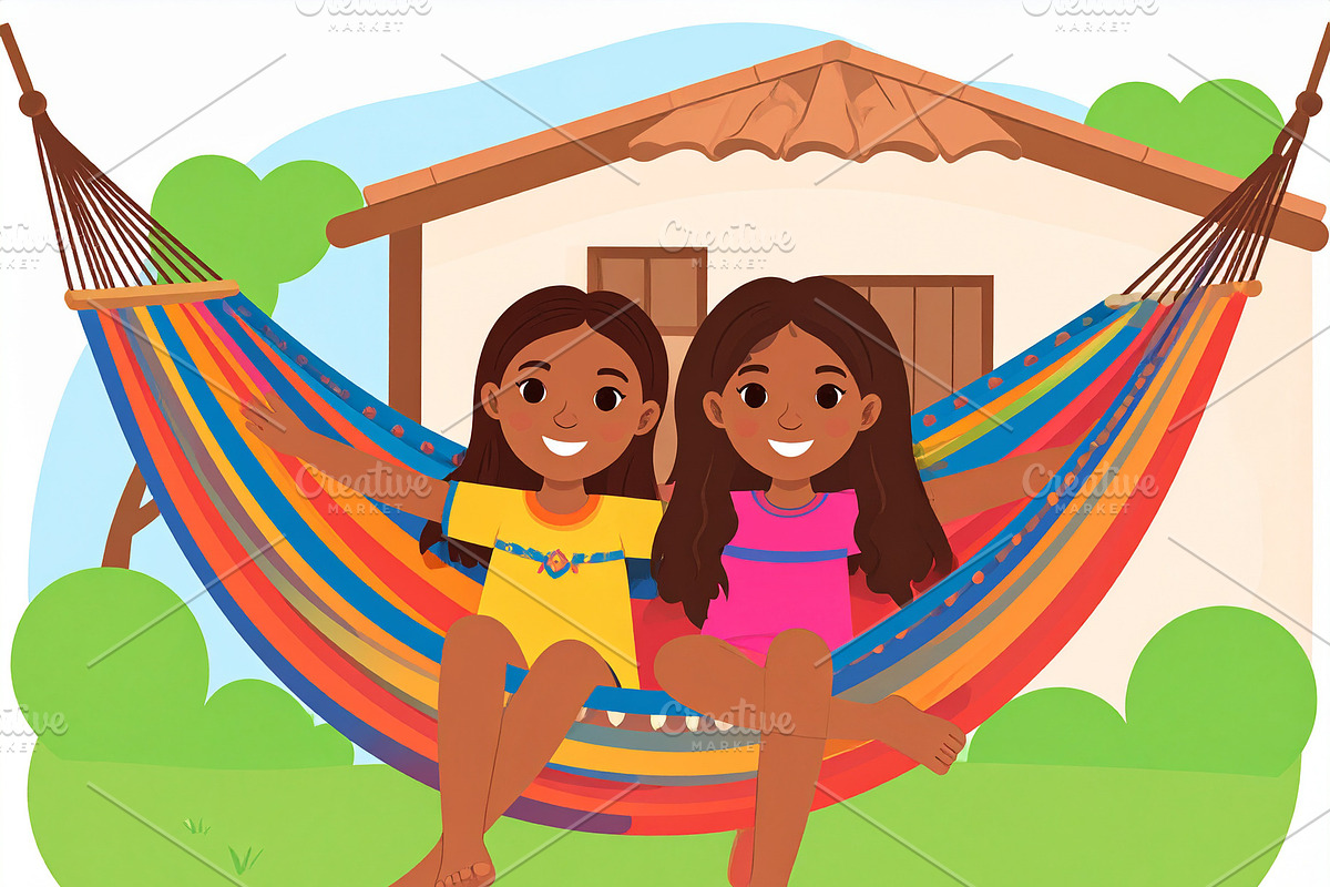 Two girls sitting together on a hammock in the backyard of a hou, a Person Illustration by DanFLCreativo