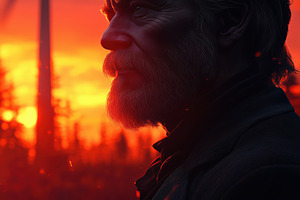 A profile of an older man with a beard, set against a vibrant sunset with wind, a Technology Photo by Textures & Backgrounds