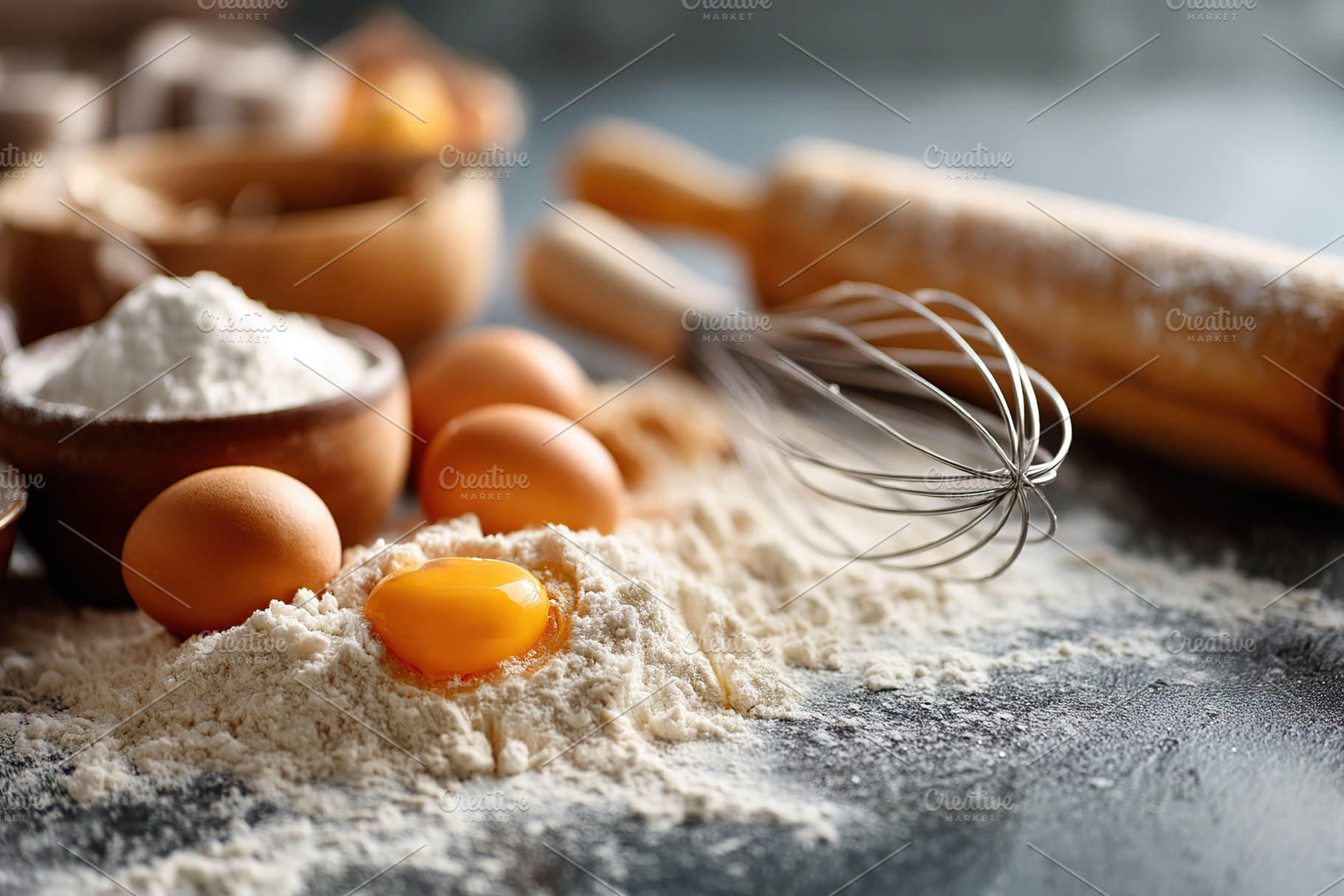 Flour and eggs on kitchen counter ready for baking in a cozy home kitchen setti, a Food & Drink Photo by AlyaAnd
