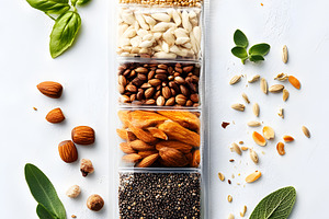 Assorted seeds and nuts in transpare, a Food & Drink Photo by Photostock