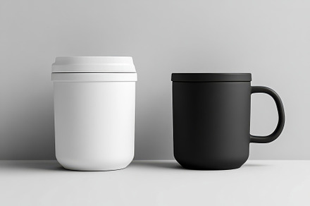 White and black travel mugs on white, a Background Photo by Pixeness