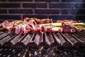 Meat skewers grilling on barbecue with smoke rising, a Food & Drink Photo by DanFLCreativo