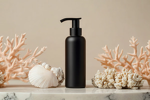 Black cosmetic pump bottle and coral, a Photo by Pavel_design