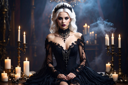 beautiful young goth woman black dress, AI generated