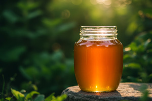Glass jar of golden honey glowing in, a Food & Drink Photo by professorinc