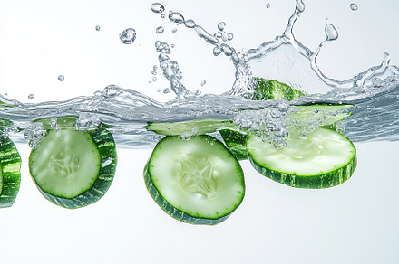 Green sliced cucumber falling into water on white background, a Food & Drink Photo by AlyaAnd