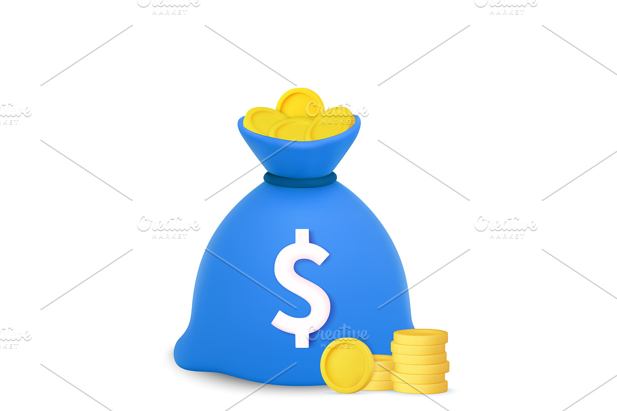 3D Gold Money Bag with Dollar Coins., a Finance Illustration by ModVector