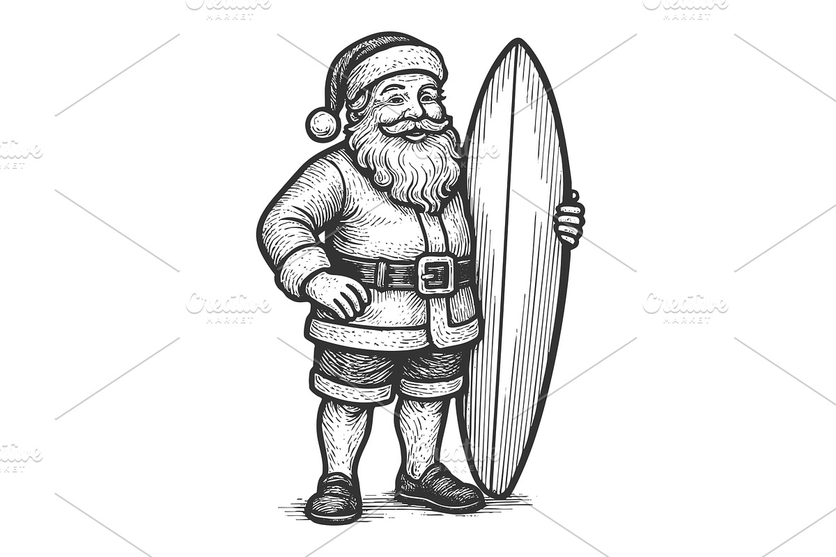 Santa Claus holding surfboard, an Illustration by AlexArt