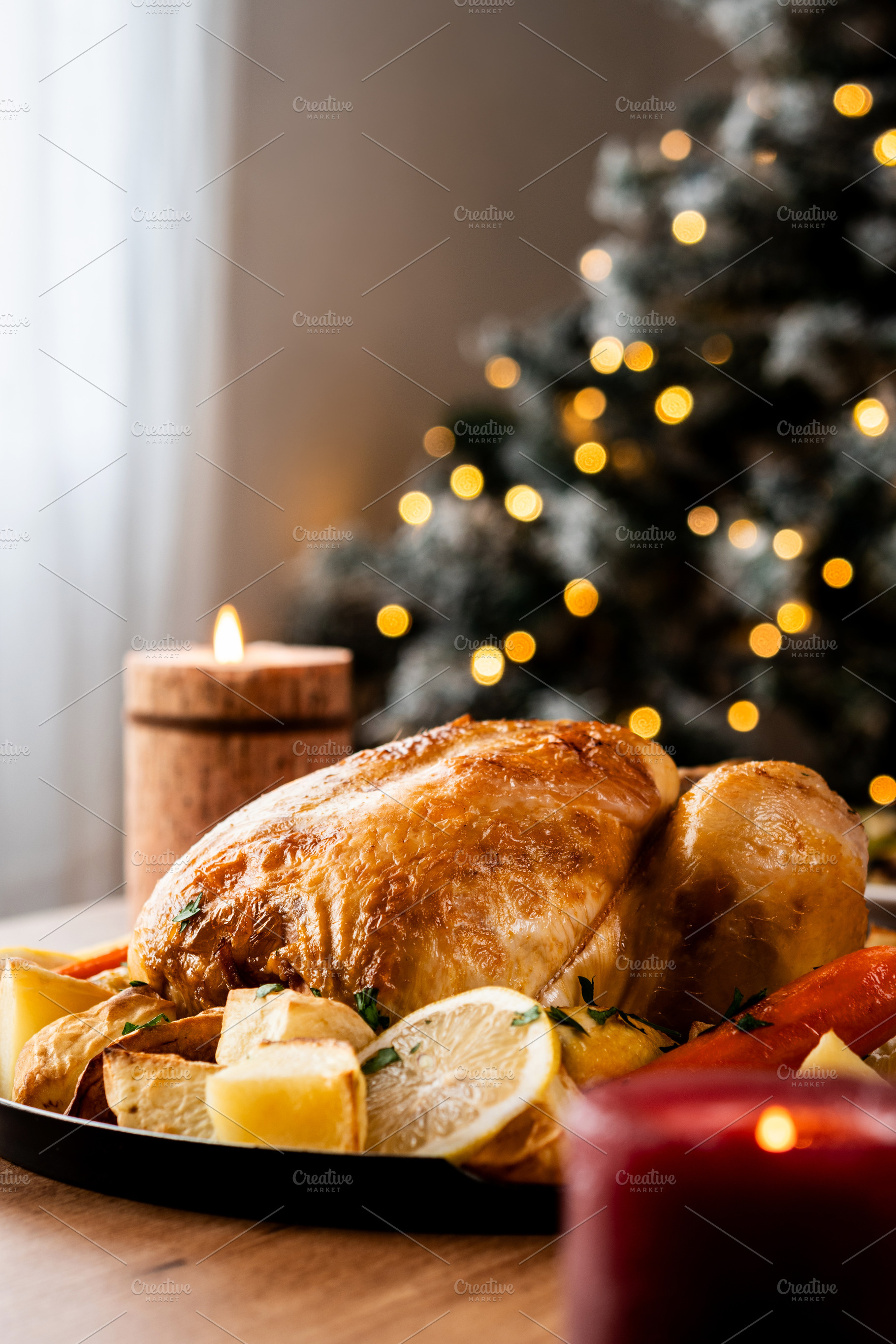 Whole roasted chicken with potatoes and vegetables., a Food & Drink Photo by etorres69