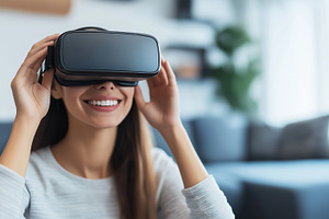 Smiling woman enjoying a vr glasses, a Technology Photo by MistyDay