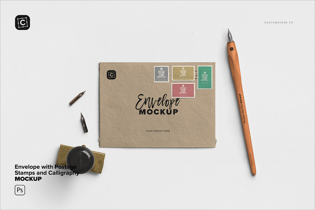 Envelope-Postage Stamps Calligraphy, an Advertising Mockup by Custom Scene (Photo 2 of 10)